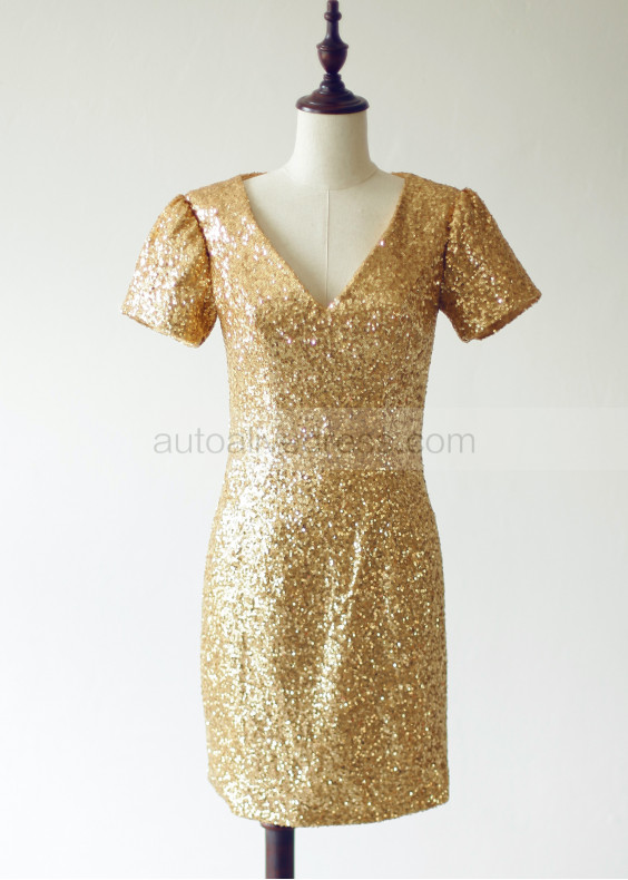 Short Sleeves Gold Sequin Sexy Party Dress